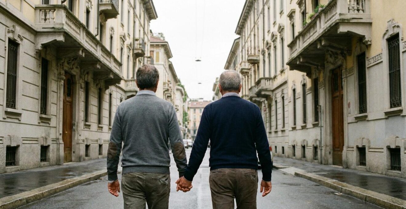 Coppia italiana che osserva palazzi residenziali in una via di Milano, mercato immobiliare