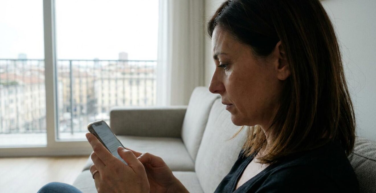Donna consulta valutazione immobiliare su smartphone in salotto moderno, vista su Milano