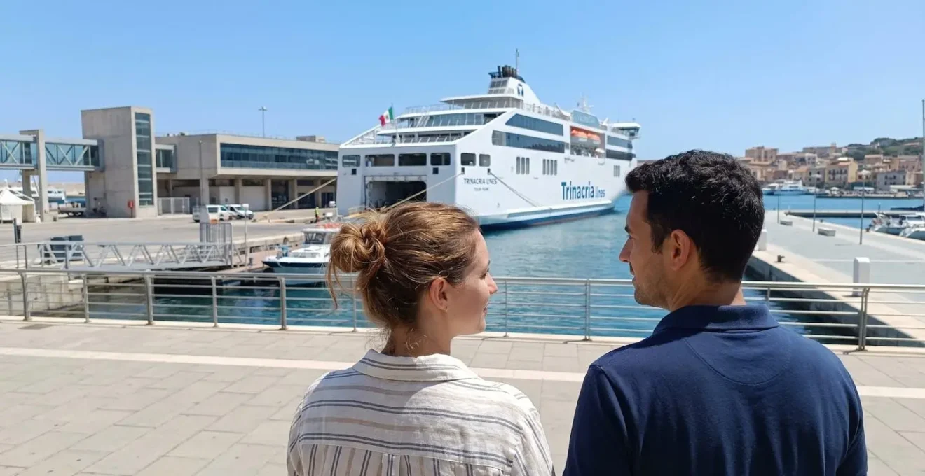 Una coppia di spalle osserva un grande traghetto bianco ormeggiato in un porto italiano sotto il sole estivo
