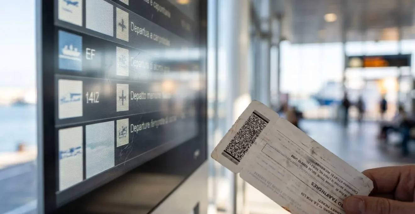 Primo piano di uno schermo digitale che mostra orari di partenza dei traghetti con testo sfocato e luci ambientali del terminal
