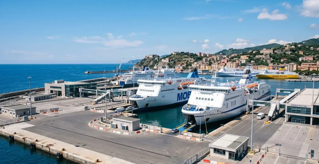 Vista panoramica di un porto mediterraneo italiano con traghetti bianchi ormeggiati e infrastrutture portuali moderne sotto il cielo azzurro